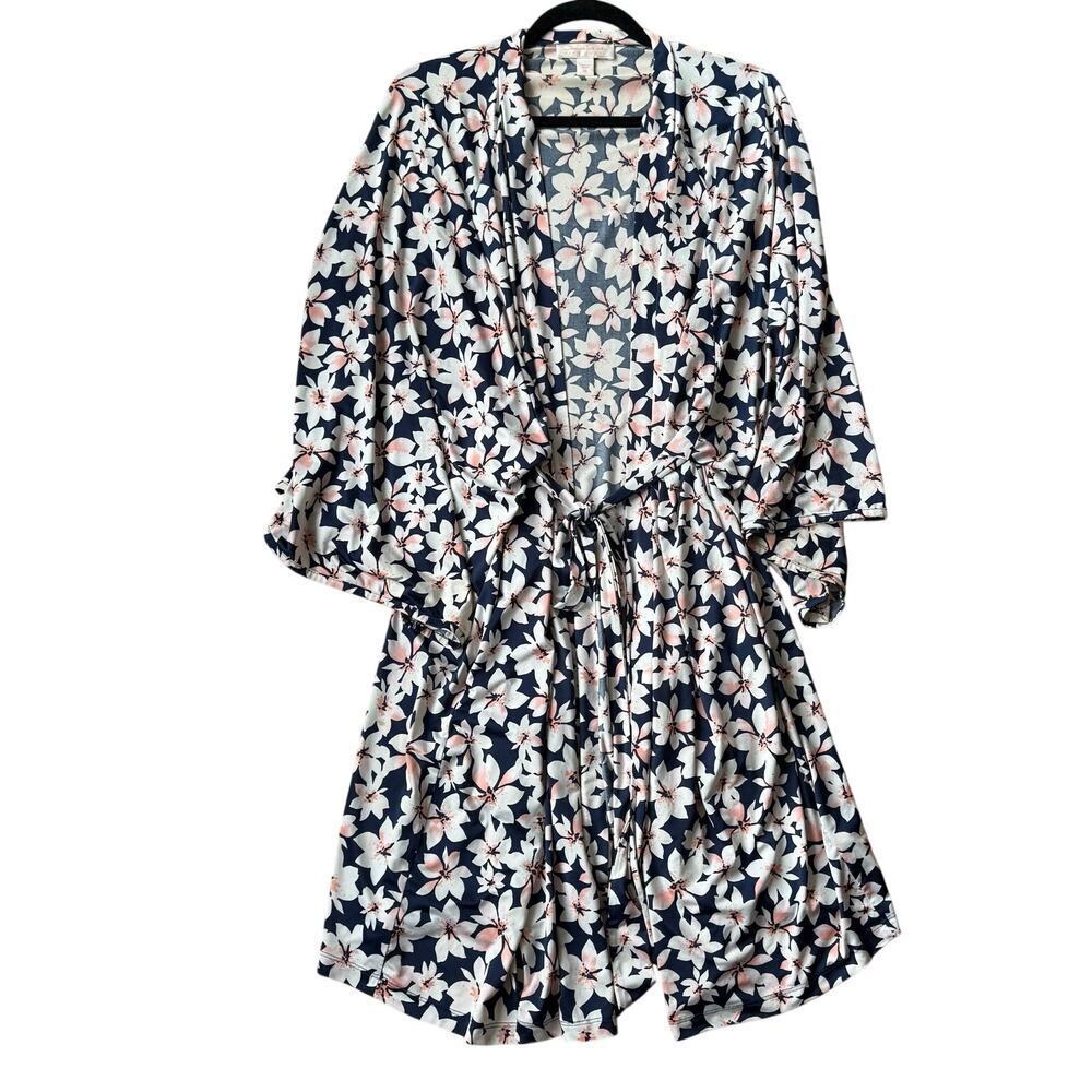 Oscar de la Renta Pink Label Blue Floral Robe with Belt Sz 1X Loungewear Stretch